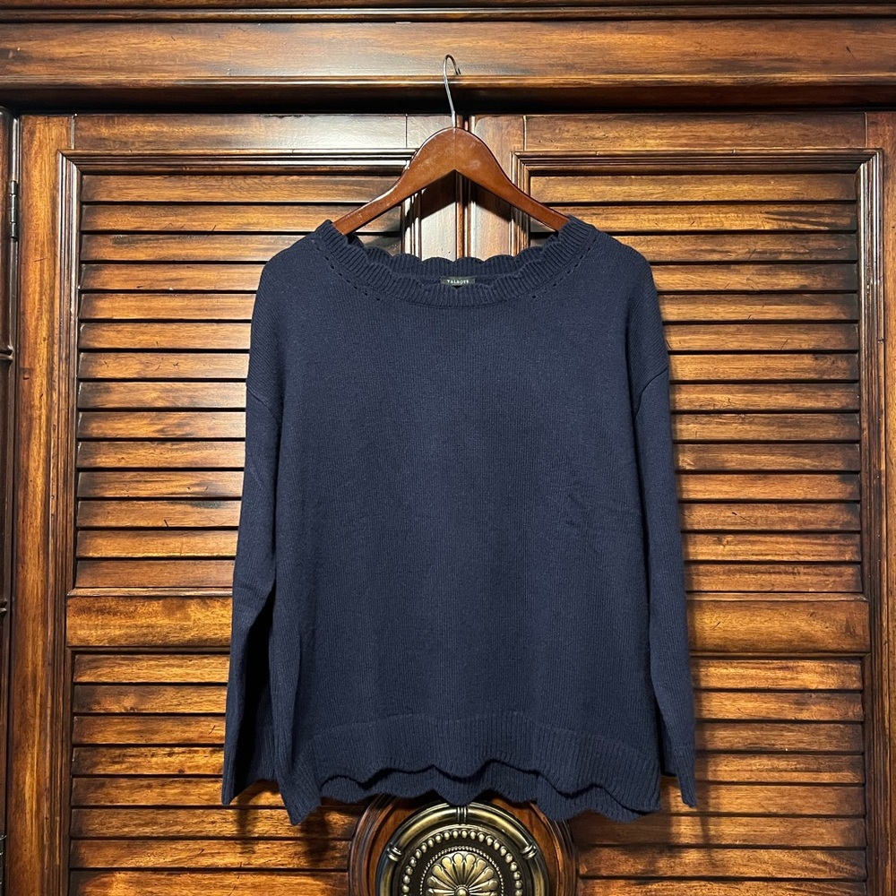 Talbots Navy Blue Scalloped Hem Soft Knit Sweater Long‎ Sleeve Women’s Large